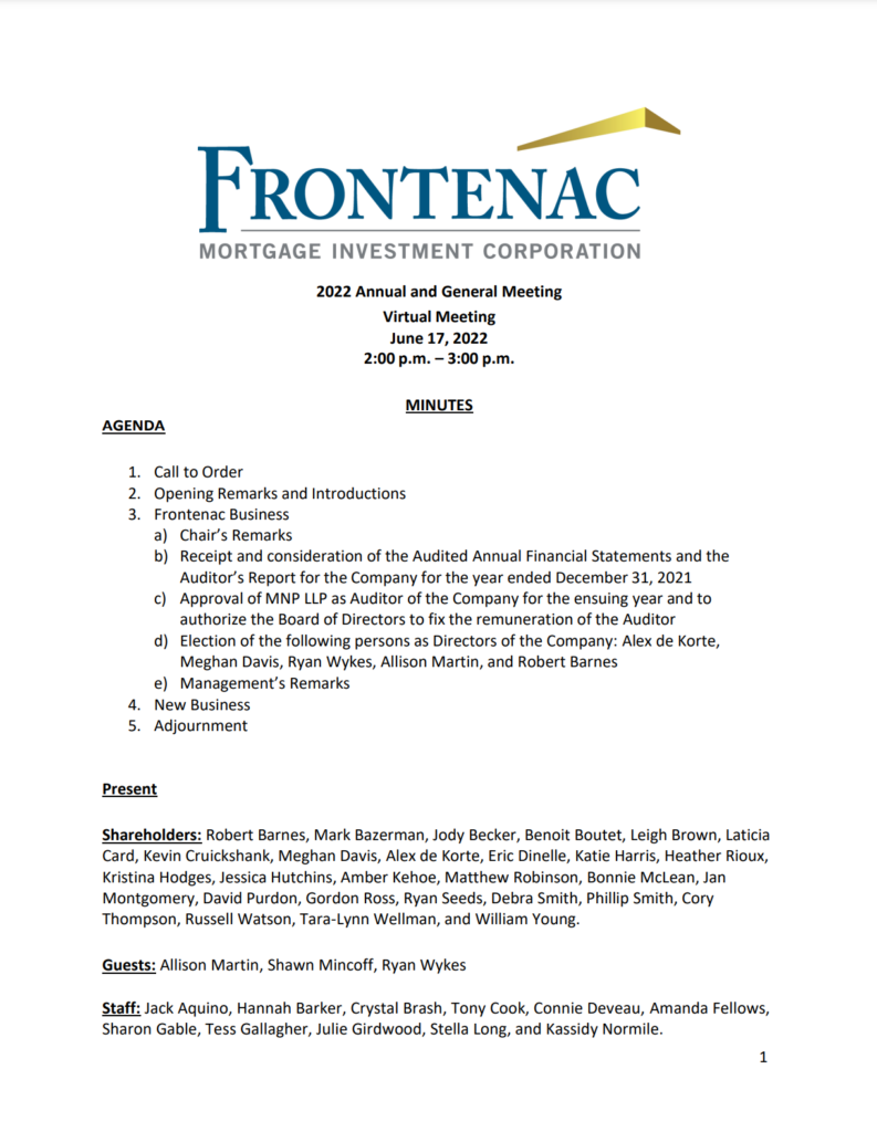 Frontenac Minutes 2022 AGM FINAL