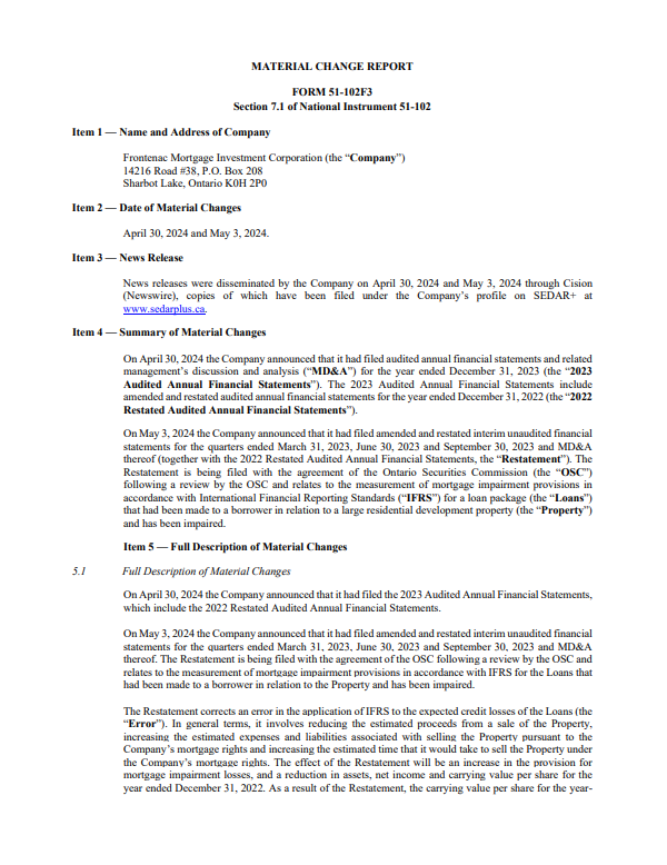 FMIC Material Change Report – Announcing Restatement Resumptions – May 7, 2024 Image Preview