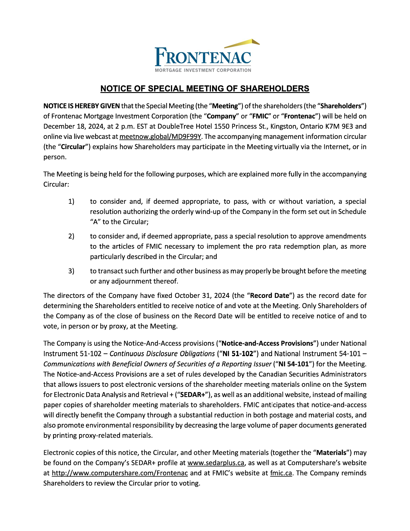 Notice: Special Meeting of Shareholders Image Preview